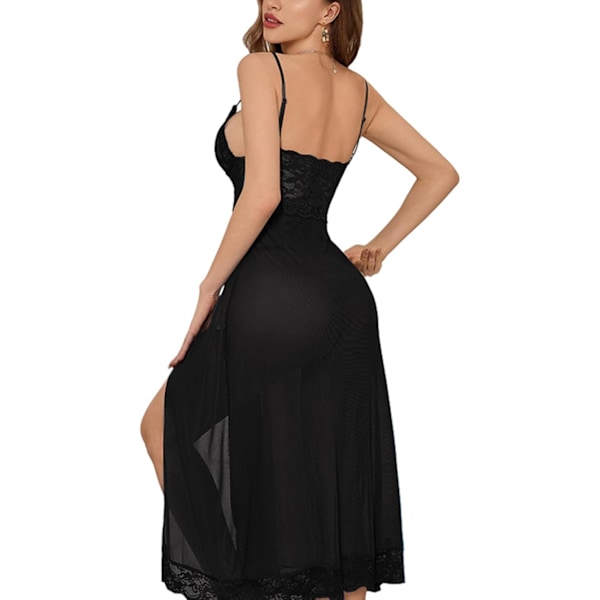 2025 Senaste Modell Sexig Delad Mesh Spets Blommig Transparent Babydoll Underkläder Outfit Klänning 2 Delar med Stringtrosa Set Lång Svart Small