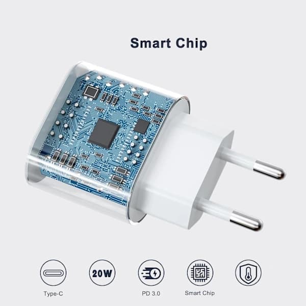 Hurtigoplader USB-C PD 3.0. 20W Strømadapter + Kabel