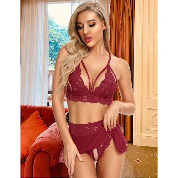 2025 Senaste Modell Sexiga Underklädesset för Kvinnor Stygga 3 Delar Spets Bralette, Minikjol med Stringtrosa Teddy Underkläder Babydoll Set