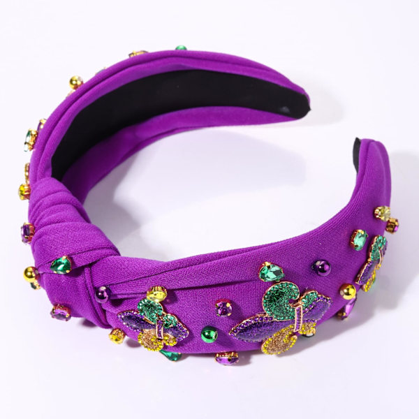 2025 Senaste Modell Mardi Gras Fleur De Lis Krona Mask Hårband för Kvinnor - Lila Juvelerad Rhinestone Pärla Toppknut - Karnevalstillbehör
