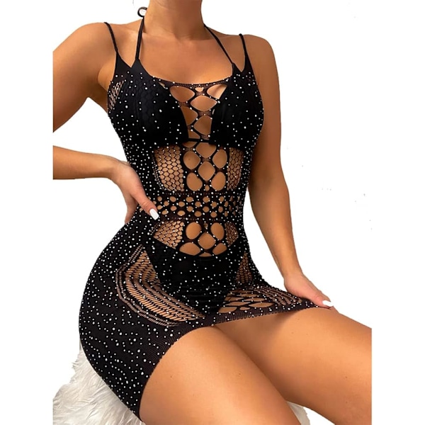 2025 Senaste Modell Strassbesatt Utskuren Cover Up Sexig Mesh Baddräkt Genomskinlig Kort Klänning Badkläder