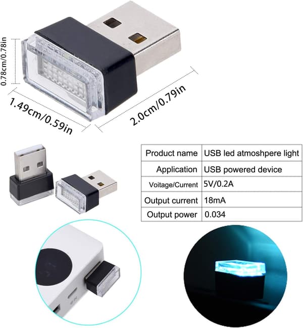 4 stk isblå USB-bilinteriørstemningslamper, universelle mini LED USB-lys for bildekorasjon, belysning