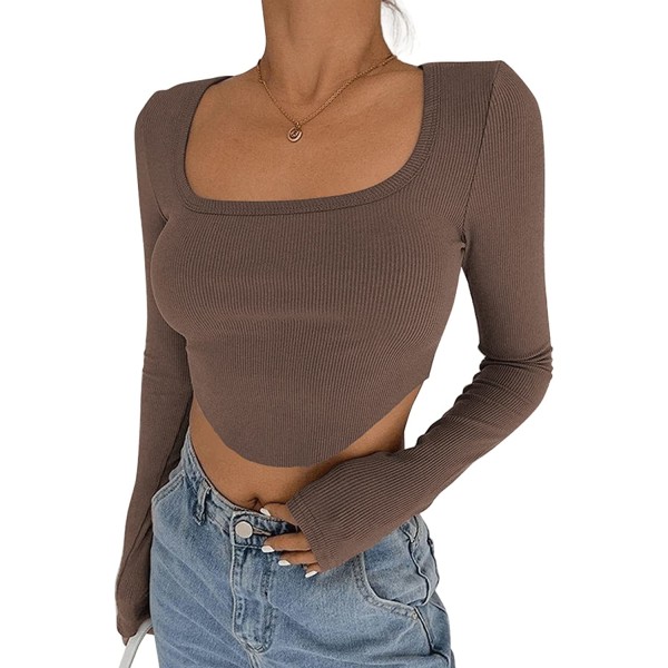 Kvinnors fyrkantiga långärmade klipptoppar Sexig Slim Fit A Brown XL