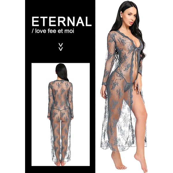 2025 Senaste Modell Underkläder för Kvinnor Sexig Lång Spetsklänning Genomskinlig Morgonrock Kimono