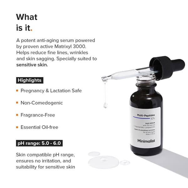 Minimalist Multi Peptide + Hyaluronic Acid Anti-Aging Serum for Kråketær, Fine Linjer, Rynker, Fasthet, Elastisitet | Matrixyl 3000 & Bio-Placenta