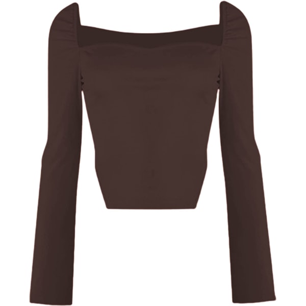 Kvinnors långärmad ribbad stickad Crop Top Scoop Neck Darkbrown XL