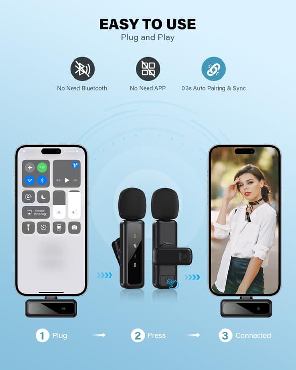 2025 Seneste Model Mini Mikrofon, Trådløs Lavalier Mikrofon til iPhone, iPad, Android, 2-Pak Mini Mikrofon med Støjreduktion, Auto Parring