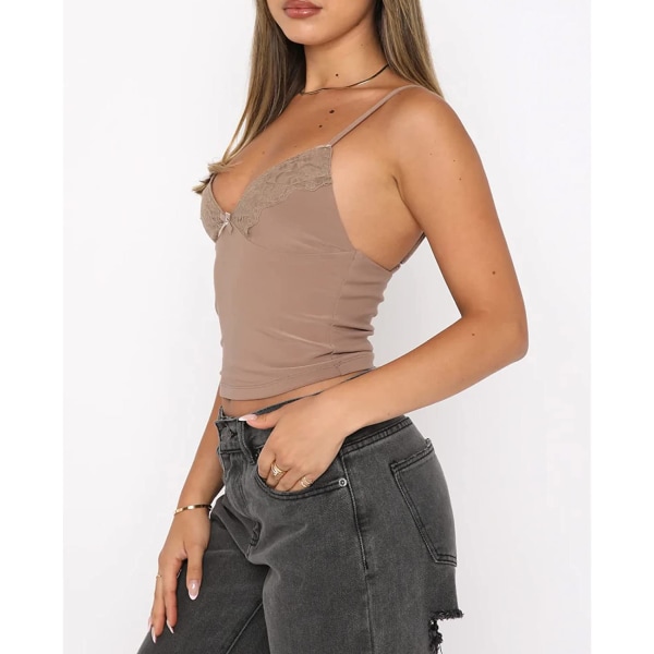 Kvinnors Spetskorsett Tank Top Sexig V-ringad Ärmlös Se Cami Khaki L