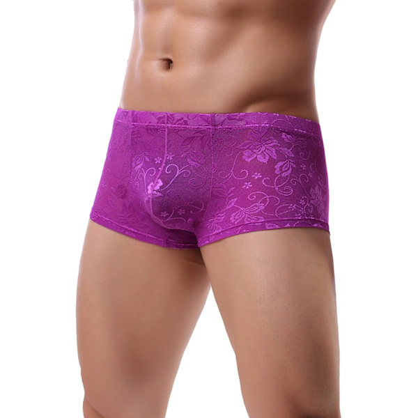 2025 Senaste Modell Herr Spetsunderkläder Sexiga Boxertrosor Meshbyxor Mjuka Bikini Andningsbara Cheeky Underbyxor Bulpåse för Män Lila