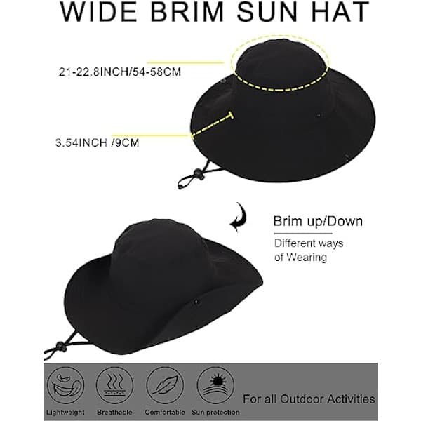 UPF 50+ Svart Vanntett Solid Sammenleggbar Strandbøttehatt med Bred Brem (Unisex)