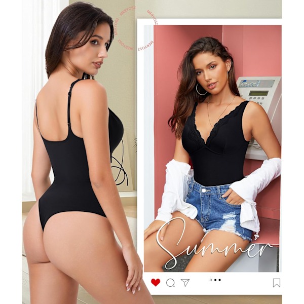 2025 Senaste Modell Shapewear Bodysuit Magekontroll Body Shaper för Kvinnor V-ringad Bodysuits Tanga Spets Camisoles Jumpsuit Toppar Bla