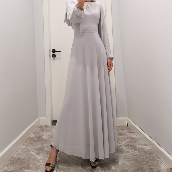Muslimska kvinnors sommar chiffong långärmad klänning i ren färg light gray L