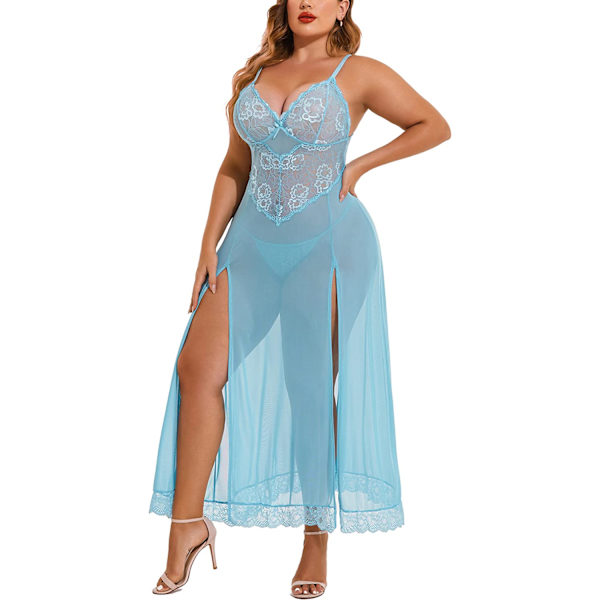 2025 Senaste Modell Plus Size Underkläder För Kvinnor Babydoll Sexig Mesh Maxi Nattlinne Axelband Exotiska Sovkläder Sidoslitsar