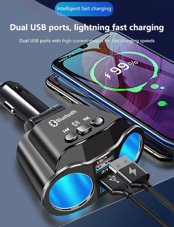 2025 Seneste Model 2-Sockets Cigarettænderadapter med Voltmeter, Alanph Bil Cigarettænder Splitter Stik, Bluetooth/U Disk Afspilning