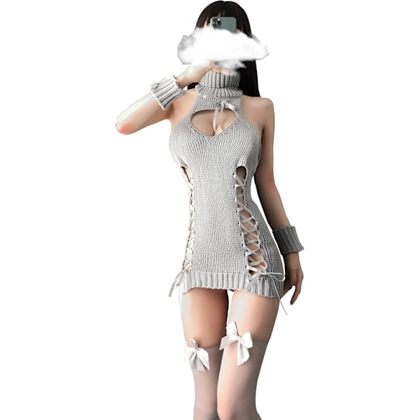2025 Senaste Modell Dam Cosplay Underkläder Polokrage Ärmlös Stickad Bandage Anime Hel Sweater Väst Topp Grå Fri storlek