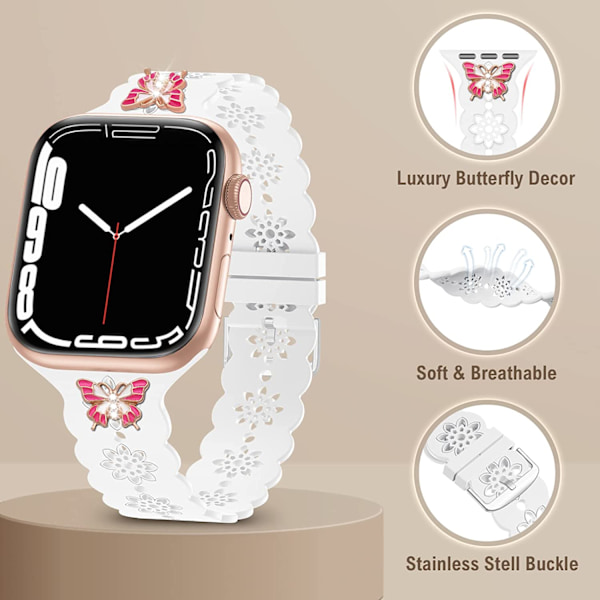 Blommig Silikonarmband med Berlocker, Kompatibel med Apple White/Red Magic Butterfly 38mm/40mm/41mm