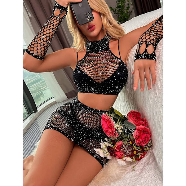 2025 Senaste Modell Dam Sexig Fisknätsunderkläder Bodysuit Glittrande Strass Stripperkläder Exotisk S-3XL