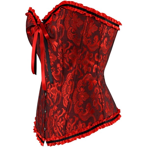 Plus size korsett, blommig plisserad trim för kvinnor, överbyst midja Black Red 2XL