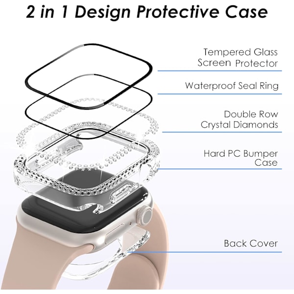 2-i-1 Bling Vattentätt Fodral för iWatch Serie 6 Clear(Waterproof Double Diamonds 40mm