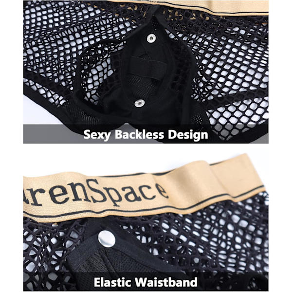 2025 Senaste Modellen Herr Kalsonger Bikini Sexiga Underkläder Nattklubbs Trosor med Tryckknapp Svart Mesh Stor