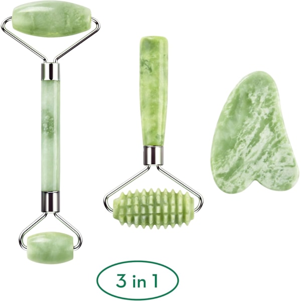 2025 Senaste Modell kimkoo Jade Roller och Gua Sha för Ansikte - 3 i 1 Kit med Ansiktsmassageverktyg, 100% Äkta Naturlig Jade Sten Anti