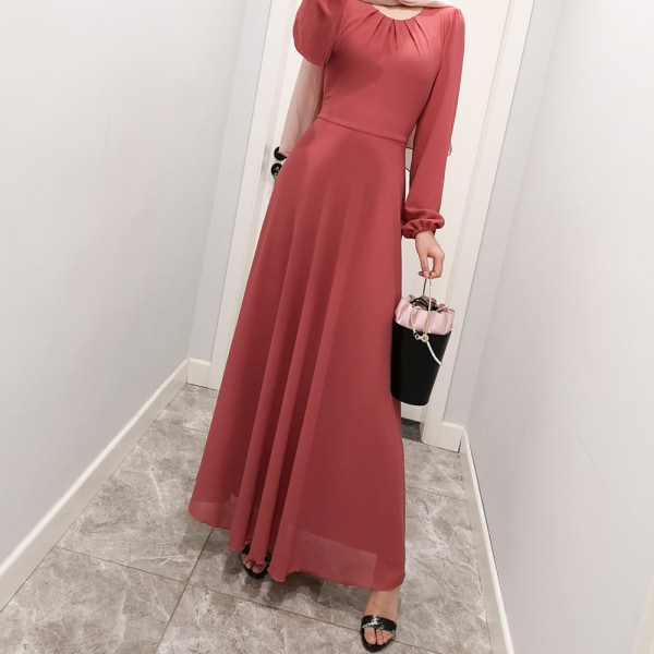 Muslimska kvinnors sommar chiffong långärmad klänning i ren färg red 2XL