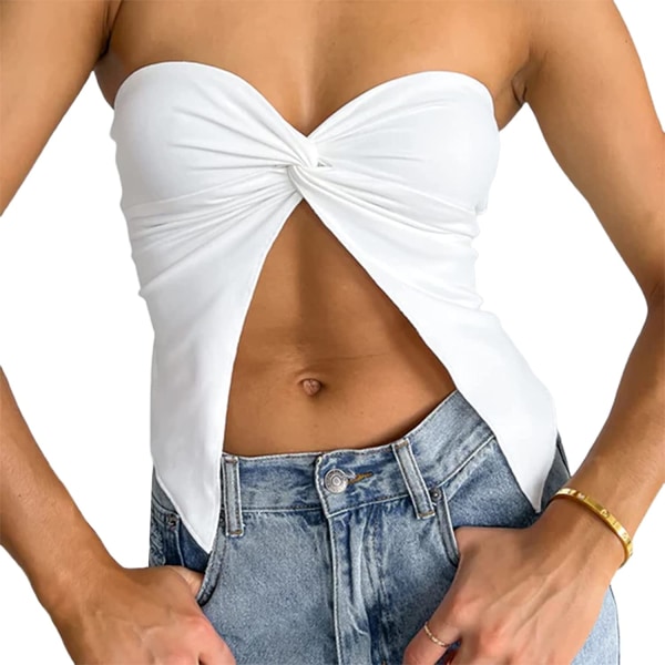 Dam Denim Push Up Bustier Tube Top Axelbandslös Button Up #T White L