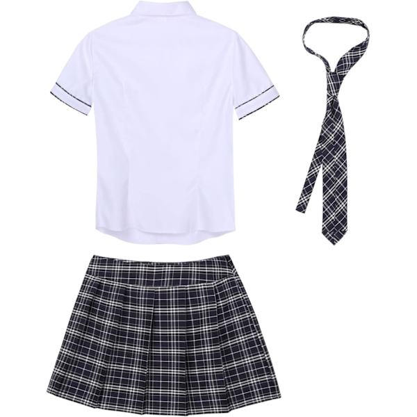 2025 Senaste Modell Sexig Skolflicka Underklädesset Japansk Anime Rollspel Kläder Uniform Set Skjorta med Rutig Kjol Vit Marinblå X-Lar