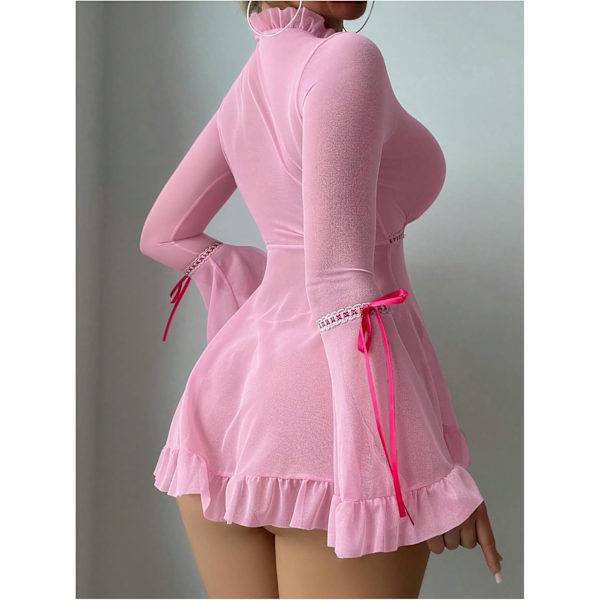2025 Senaste Modell Dam 2-delad Transparent Mesh Underklädesset Volang Långärmad Klänning med Stringtrosa Rosa Medium
