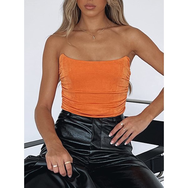 Kvinnors axelbandslös push up bustier korsett crop top bandeau Orange M