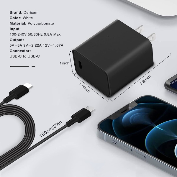 20W USB-C Väggladdare, Mobiltelefonströmadapter med 1,5 m Kabel