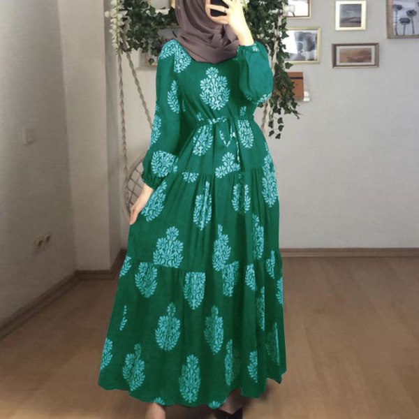 Snygg muslimsk mönstrad långklänning i nationell stil för fritid light green 5XL