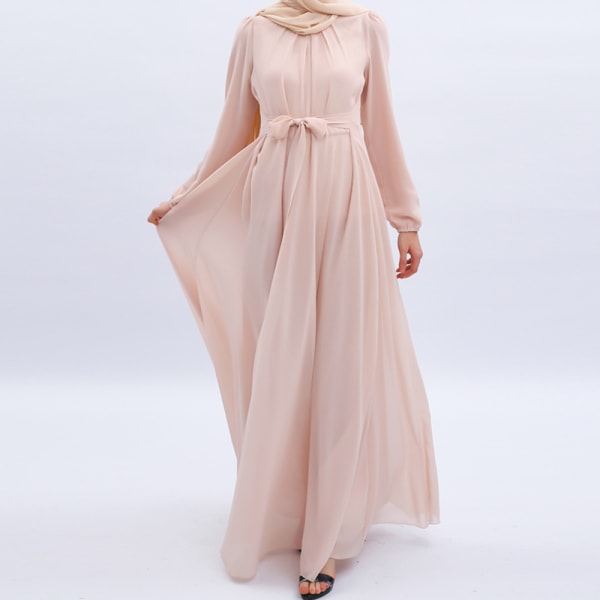 Muslimska kvinnors sommar chiffong långärmad klänning i ren färg Light Pink S