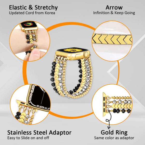 Armbandsband med pärlor som är kompatibelt med Apple Watch Y-Black/Gold/Gray 42mm/44mm/45mm/49mm-S/M
