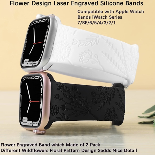 Blommig Graverad Silikonarmband Kompatibel med Apple Watch Black White 42/44/45mm