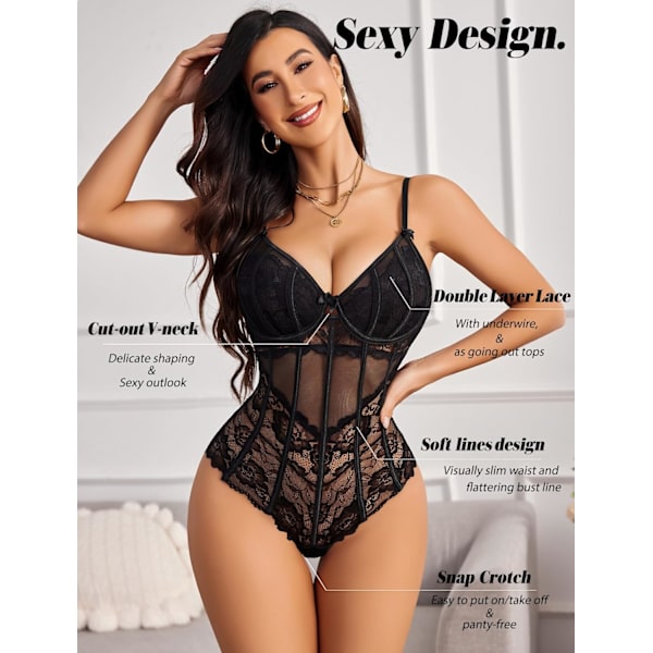 2025 Senaste Modell Body för Kvinnor Sexig Spetsöverdel One Piece Underkläder V-ringad Mesh Toppar Utgång Cami Naughty Push Up Body S-XXL