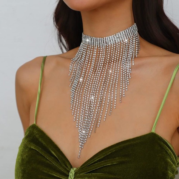 2025 Senaste Modell Mode Kvinnor Sexig Strass Haklapps Choker Halsband Tofs Lång Kedja Halsband Silver