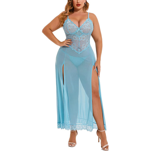 2025 Senaste Modell Plus Size Underkläder För Kvinnor Babydoll Sexig Mesh Maxi Nattlinne Axelband Exotiska Sovkläder Sidoslitsar