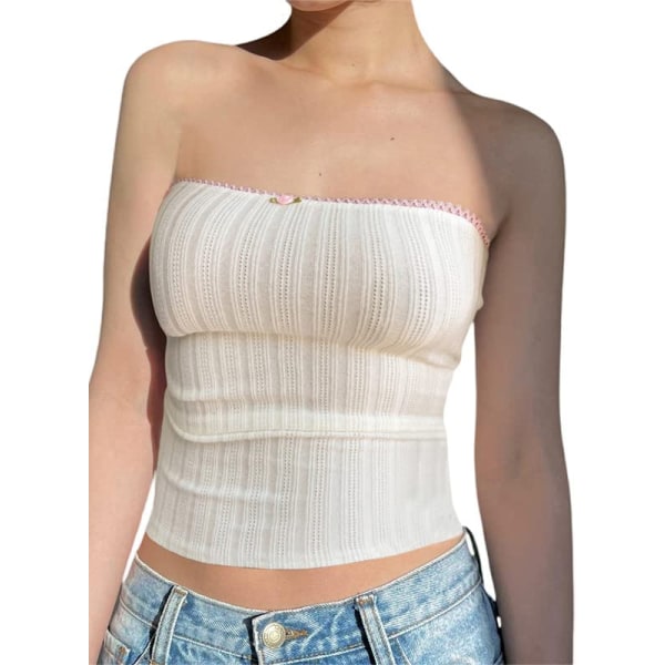 Dam Spaghetti Strap Spets Crop Camisole Ärmlös V-hals D1-white L