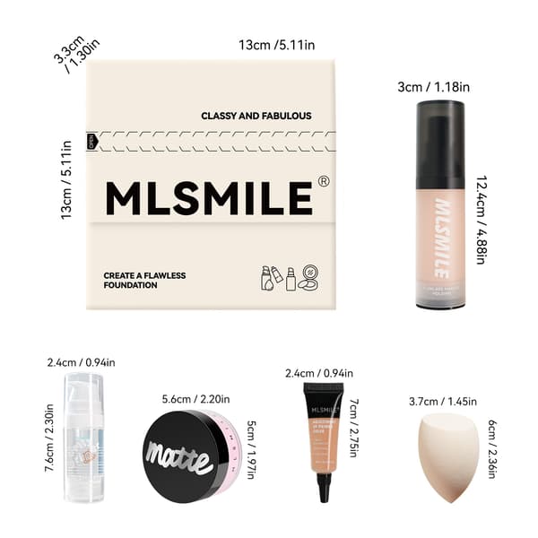 Foundation, mat pudder, primer, 5-delt ansigtsmakeup sæt, begynder makeup sæt D