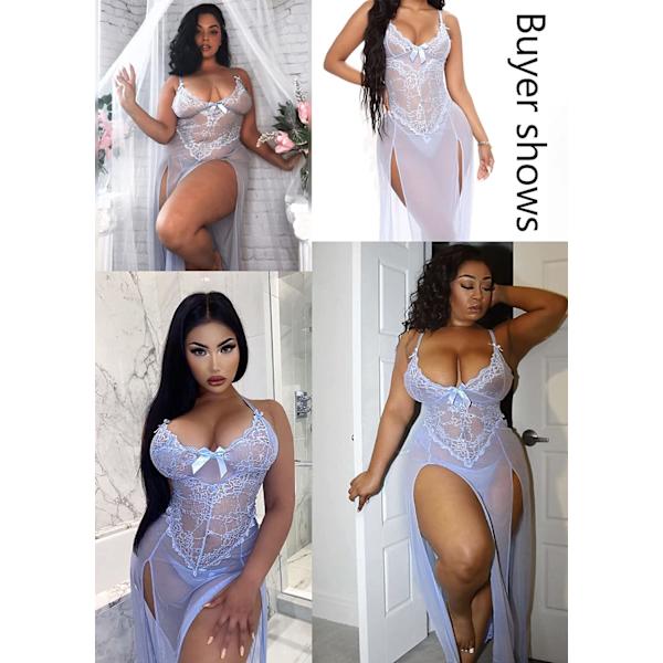 2025 Senaste Modell Plus Size Underkläder För Kvinnor Babydoll Sexig Mesh Maxi Nattlinne Axelband Exotiska Sovkläder Sidoslitsar