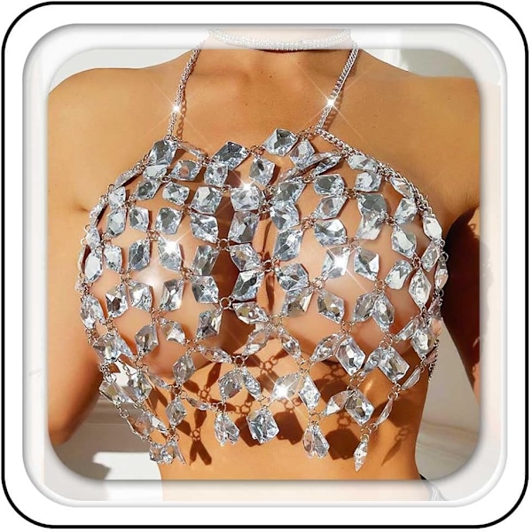 2025 Senaste Modell  Glittrande Kristall BH Kedja Topp Halter Strass Bröst Kroppskedjor Nattklubb Strand Bikini Crop Tops för Kvinnor