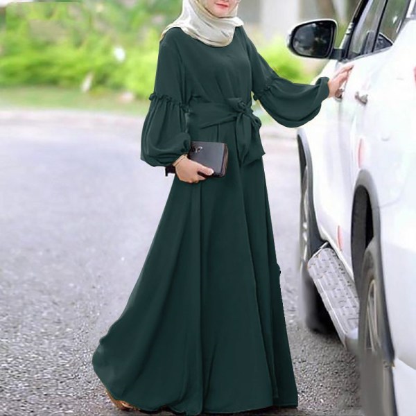 Muslimsk långärmad klänning, Lotusbladkant, ren färg green S