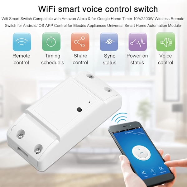 WiFi Smart Switch Kompatibel med Amazon& för Hem Timer 10A/2200W Trådlös Fjärrkontroll Switch för