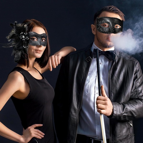2025 Senaste Modell 2024 Ny Maskeradmask med Fjäder för Par - Maskeradmask för Kvinnor med Fjäder & Venetiansk Kostym för Män