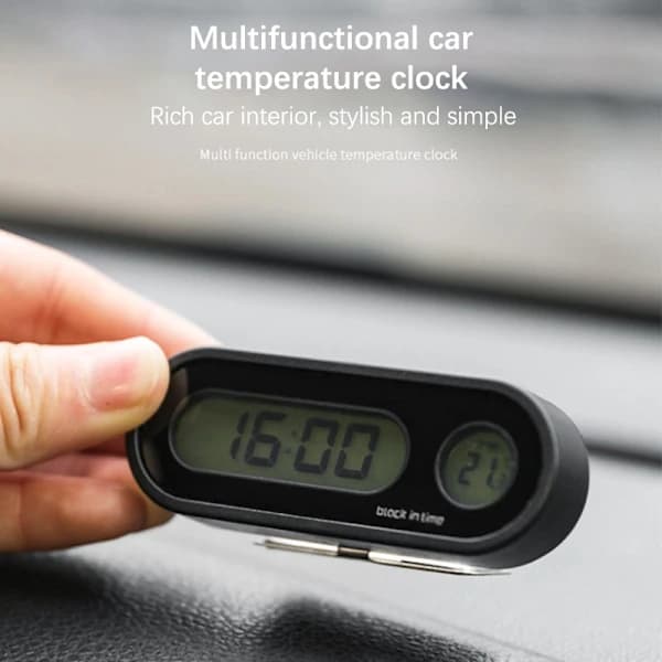 Mini Elektronisk Bilur Auto Ure Lysende Termometer LCD Sort