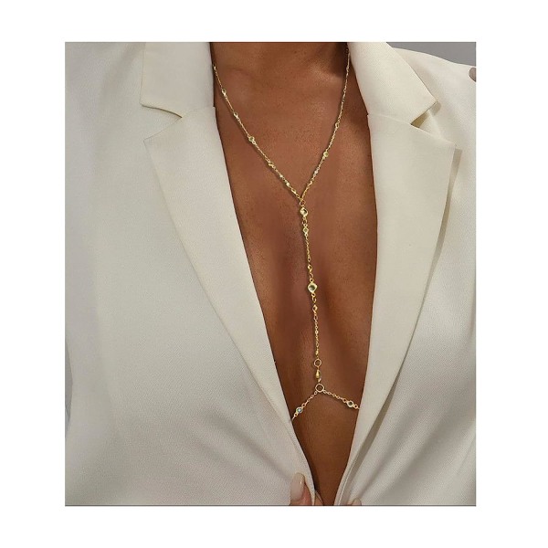 Crystal Body Chain för kvinnor, sexig 14K guld halsband midja Bdoy c-R12800