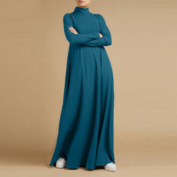 Elegant muslimsk enfärgad höghalsad långärmad klänning Blue XL