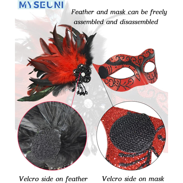 2025 Senaste Modell 2024 Ny Maskeradmask med Fjäder för Par - Maskeradmask för Kvinnor med Fjäder & Venetiansk Kostym för Män