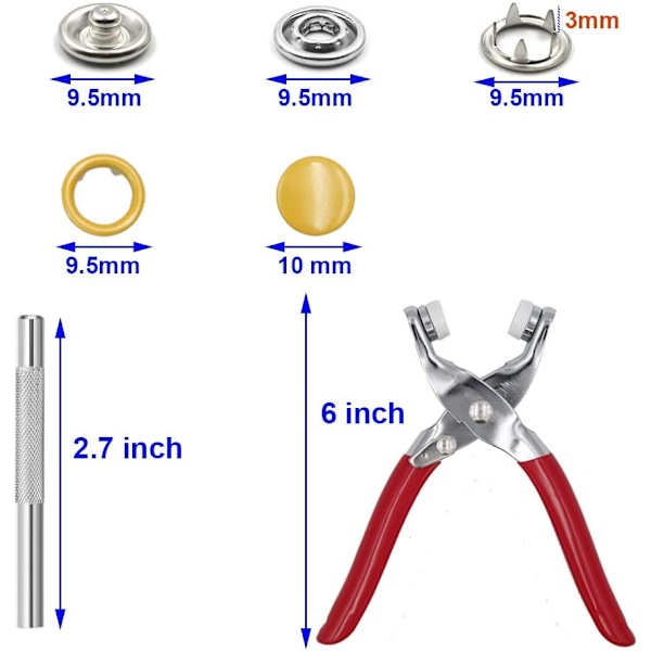 804-dels Snap-fästverktygssats - Metallklämmor med Sättverktyg, 200 Set